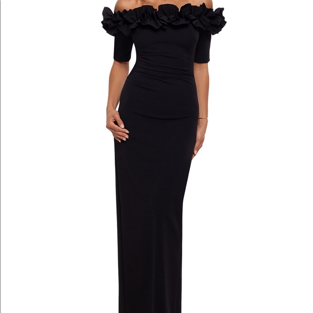Xscape ruffled off the shoulder gown, size 10, black, worn once
